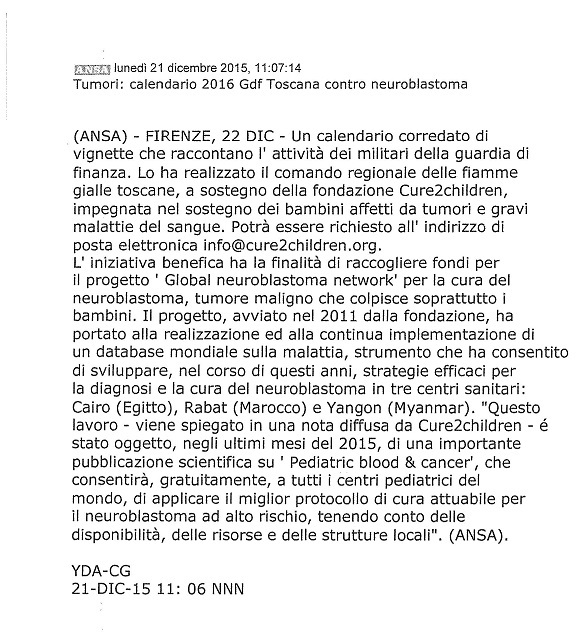 ANSA TOSCANA - Tumori: calendario 2016 Gdf Toscana contro neuroblastoma